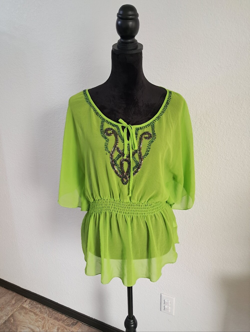 Studio Y Chiffon Blouse Sheer Green Beaded Smock Waist Bat Wing Sleeve Boho Y2K